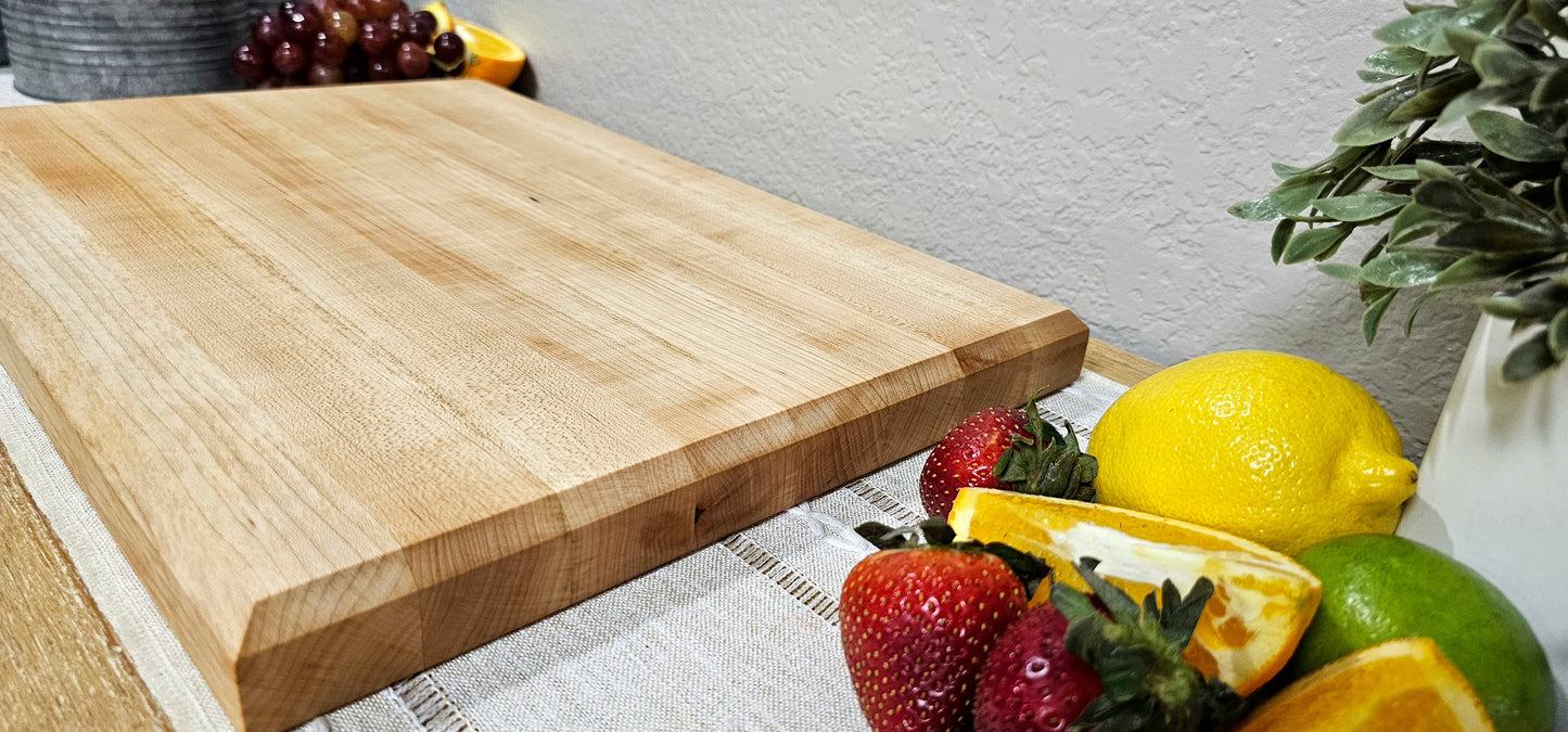Maple, Cherry, or Walnut Edge Grain Cutting Board with Chamfered Edges | Juice Groove Add-On Option