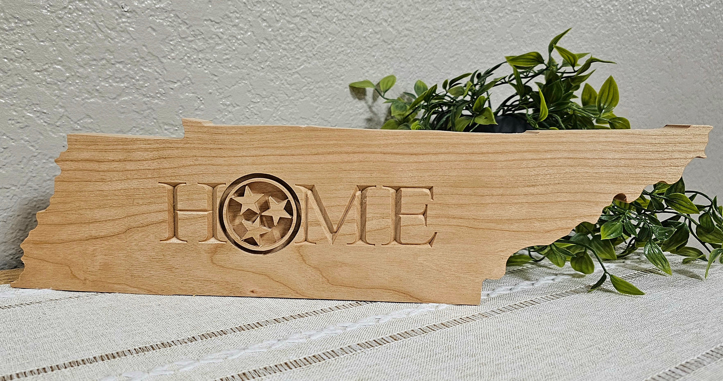 TN State Shape with Home & TN Tri-Star Engraved Sign | Maple, Cherry, or Walnut Wood | 2 Size Options