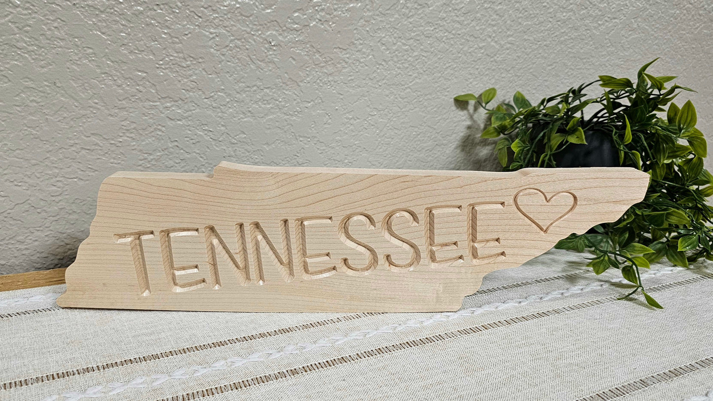TN State Shape with Tennessee & Heart Engraved Sign| Maple, Cherry, or Walnut Wood | 2 Size Options