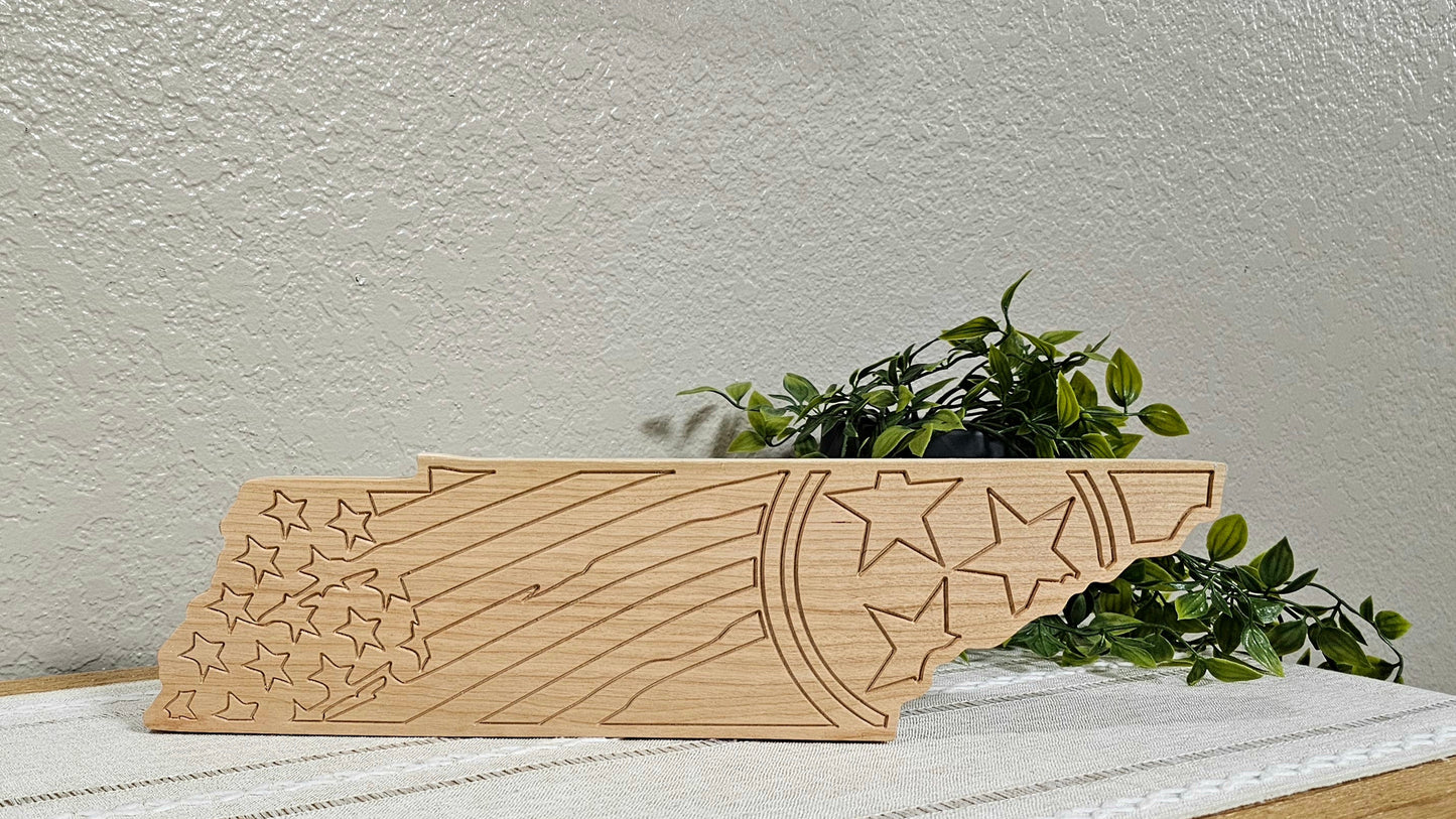 TN State Shape with Flag Engraved Sign | Maple, Cherry, or Walnut Wood | 2 Size Options