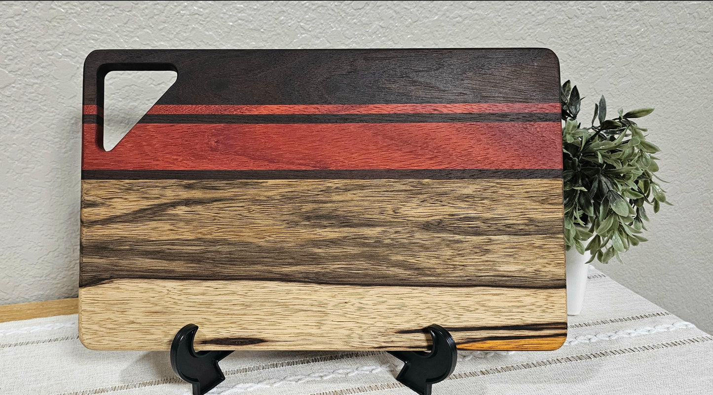 Cutting Board With Handle | Peruvian Walnut, African Padauk, & Black Limba Woods