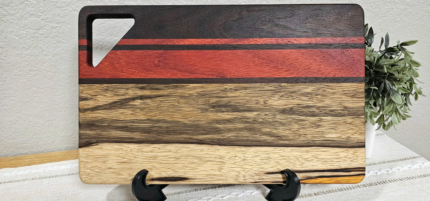 Cutting Board With Handle | Peruvian Walnut, African Padauk, & Black Limba Woods