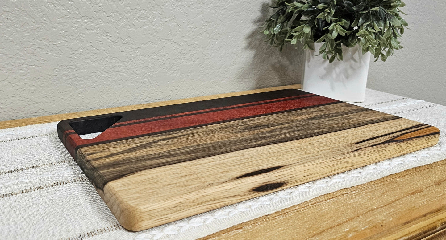Cutting Board With Handle | Peruvian Walnut, African Padauk, & Black Limba Woods