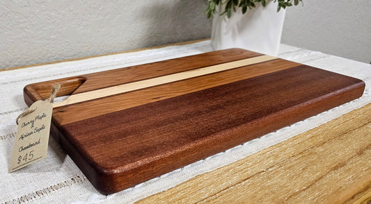 Cutting Board With Handle | African Sapele, Maple, and Cherry Woods