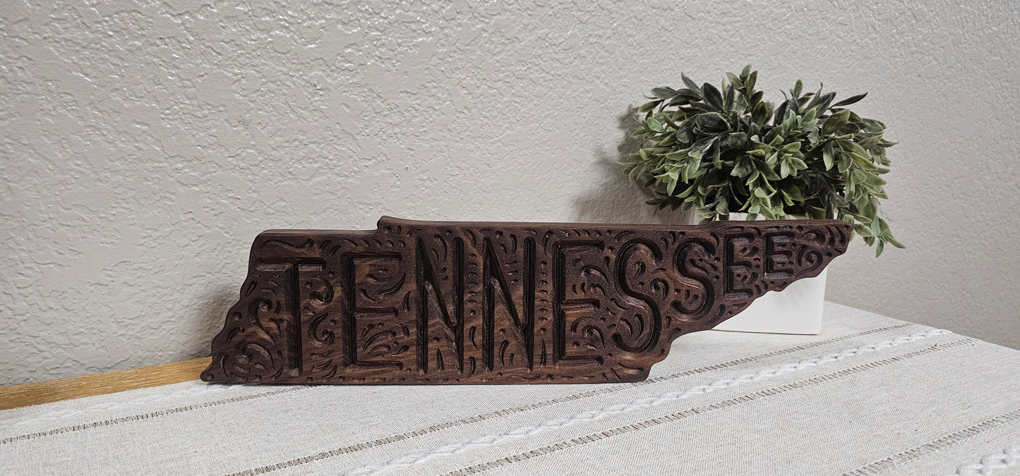 TN State Shape with TENNESSEE & Decorative Engravings | Maple, Cherry, or Walnut Wood | 2 Size Options