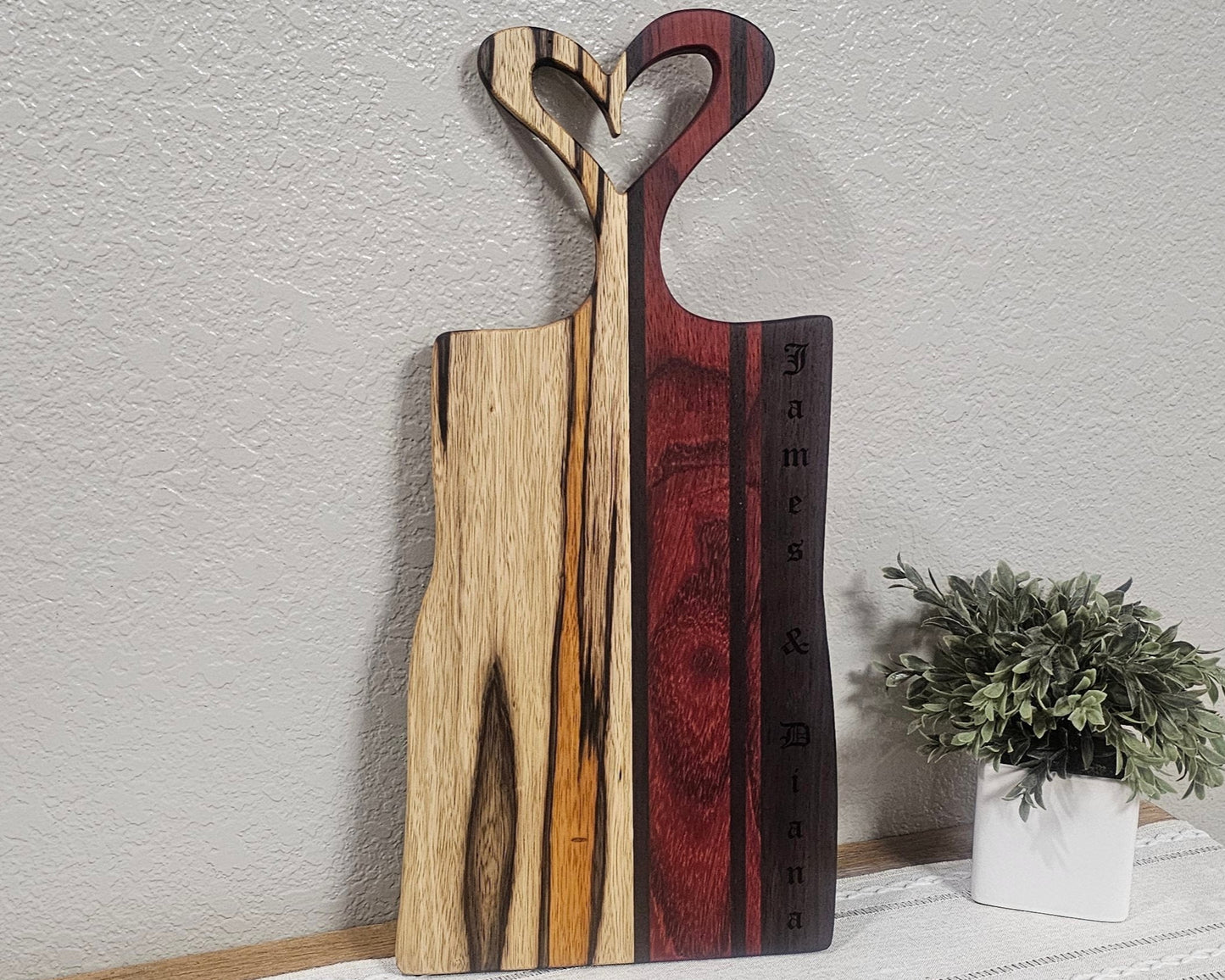 Heart Charcuterie Board with Black Limba, African Padauk, & Peruvian Walnut & Laser Engraving