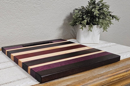 Cutting Board With Handle | Peruvian Walnut, African Padauk, Maple, & Purpleheart