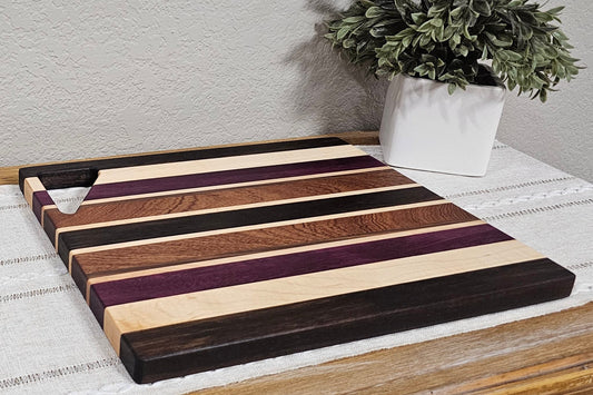 Cutting Board With Handle | | Maple, Peruvian Walnut, African Sapele, & Purpleheart Woods