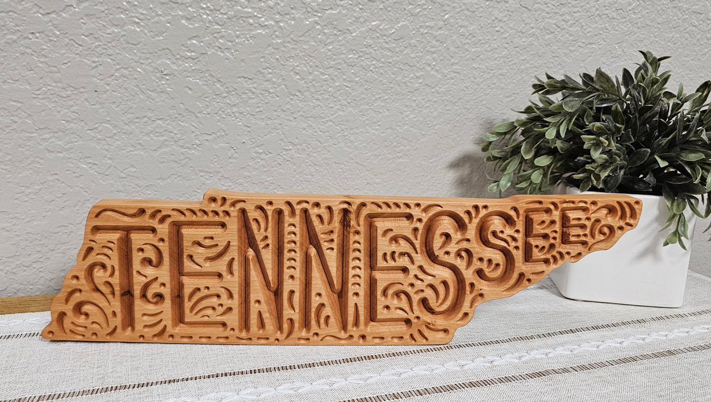 TN State Shape with TENNESSEE & Decorative Engravings | Maple, Cherry, or Walnut Wood | 2 Size Options