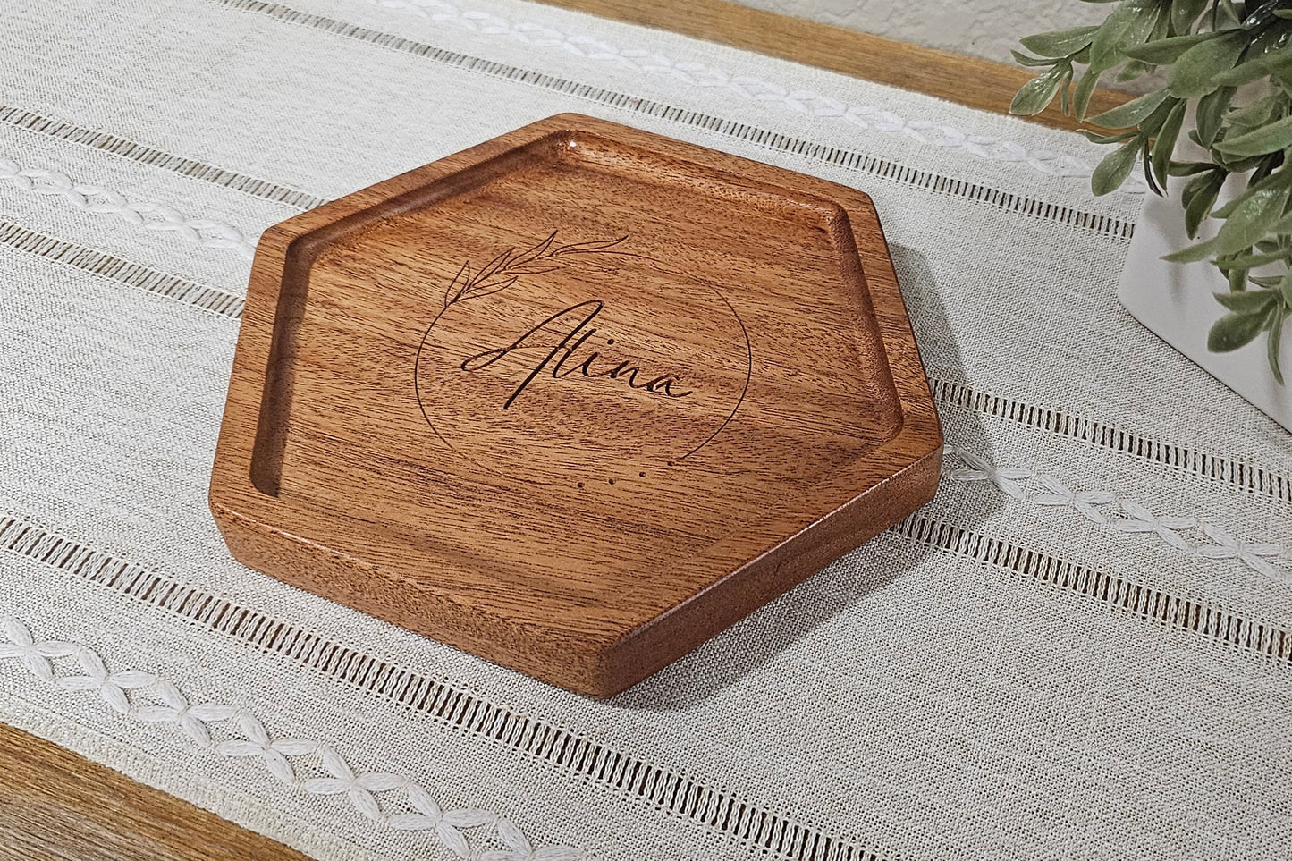 Personalized Wooden Tray | Catch All Tray | Desk Organizer | Wreath & Name Engraving