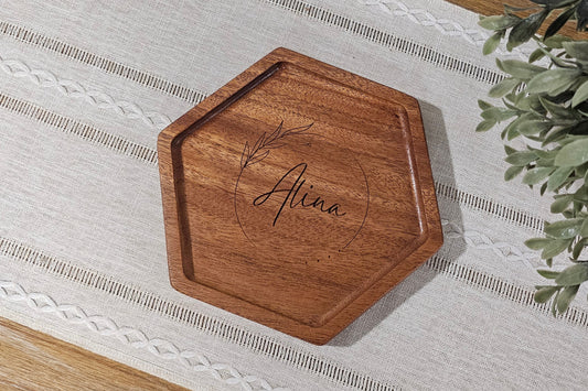 Personalized Wooden Tray | Catch All Tray | Desk Organizer | Wreath & Name Engraving