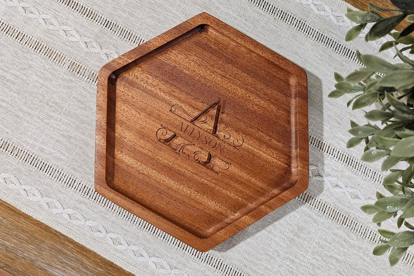 Personalized Wooden Hexagon Tray | Catch All Tray | Desk Organizer | Inital & Name Split Monogram