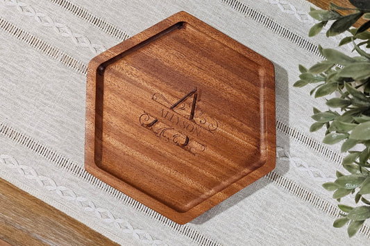 Personalized Wooden Hexagon Tray | Catch All Tray | Desk Organizer | Inital & Name Split Monogram