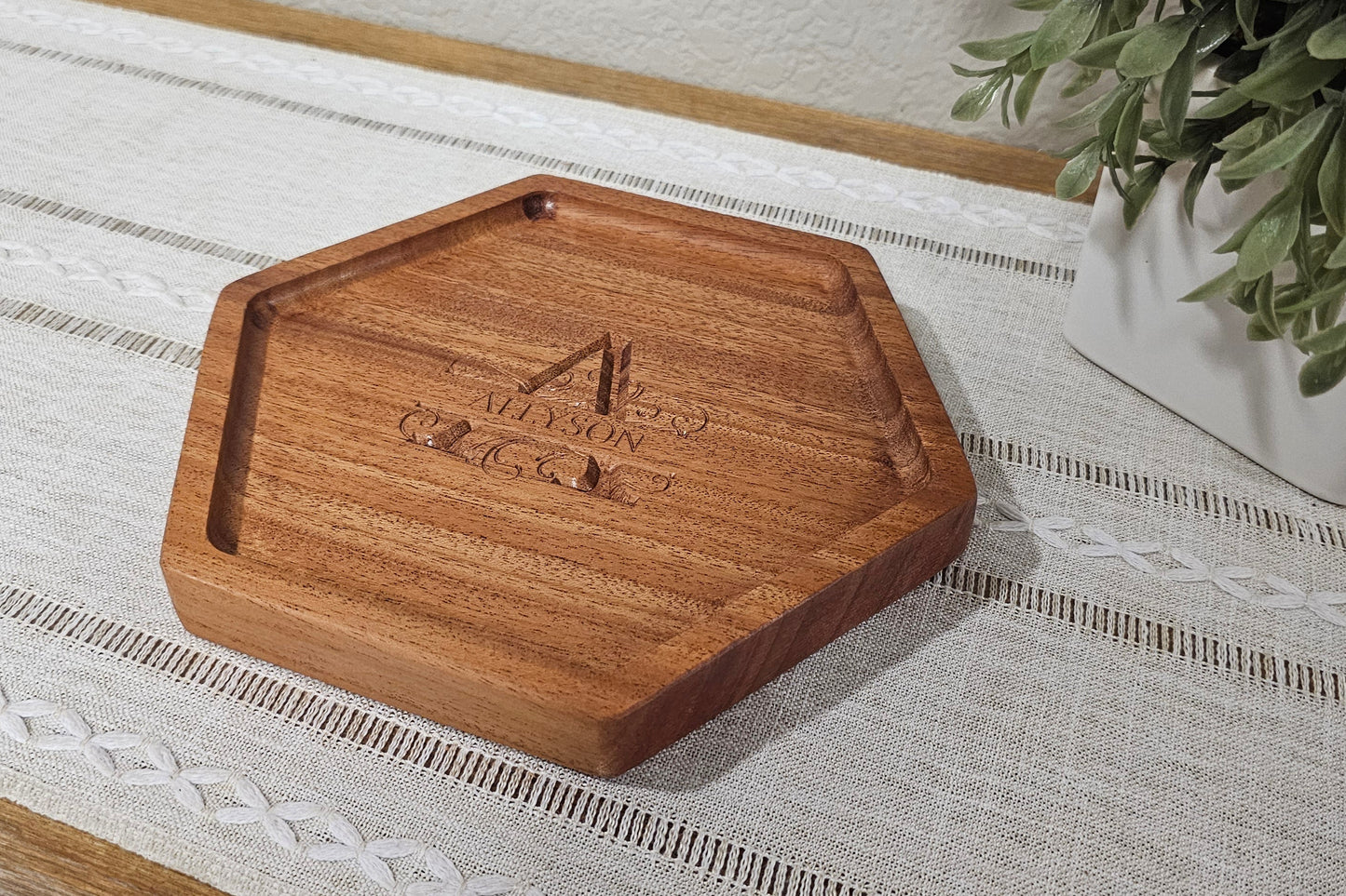 Personalized Wooden Hexagon Tray | Catch All Tray | Desk Organizer | Inital & Name Split Monogram