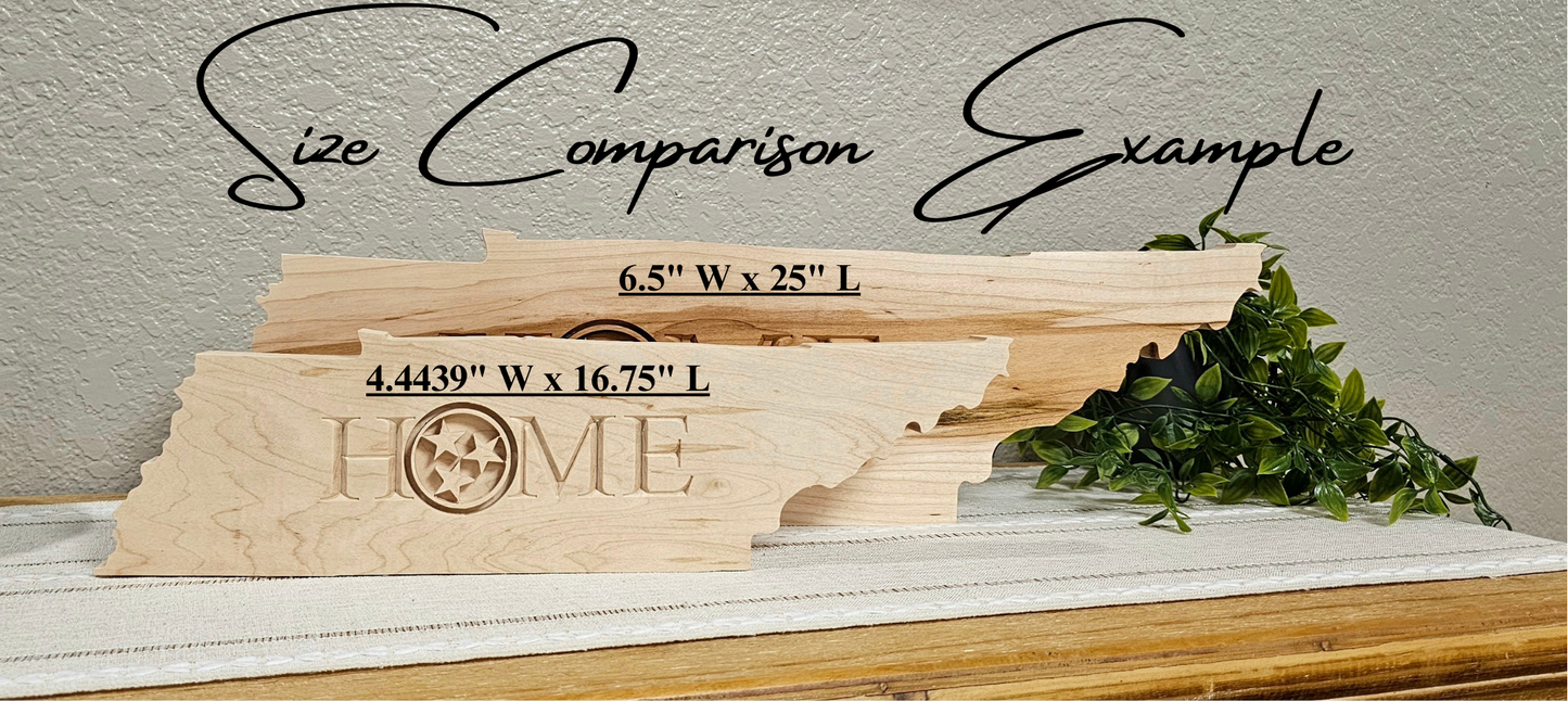 TN State Shape with TENNESSEE & Decorative Engravings | Maple, Cherry, or Walnut Wood | 2 Size Options