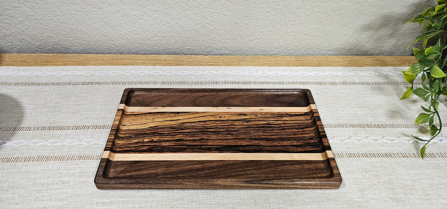 Large Exotic Catch All Tray made with Zebra Wood, Walnut, and Maple | Desk Organizer