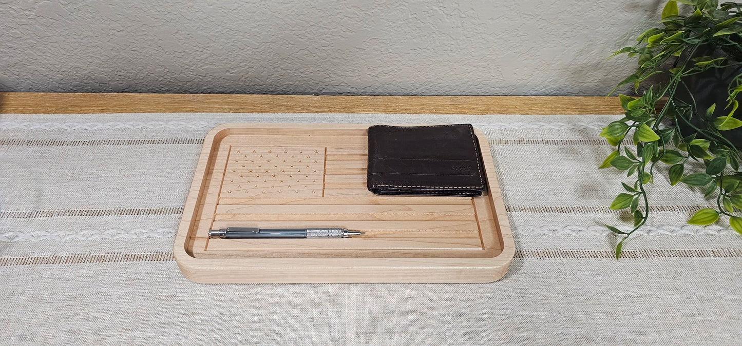 Engraved American Flag made with Maple Wood Catch All Tray | Desk Organizer