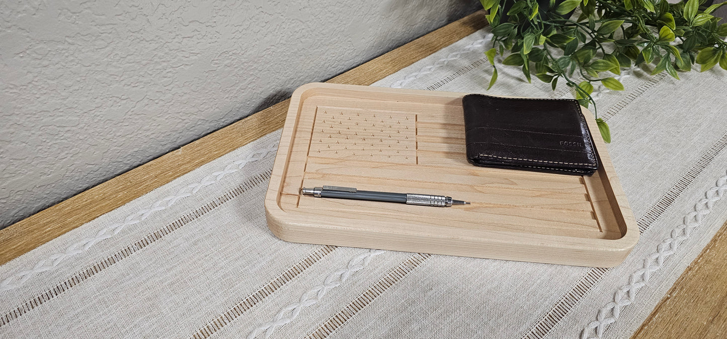 Engraved American Flag made with Maple Wood Catch All Tray | Desk Organizer