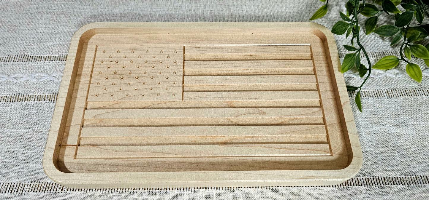 Engraved American Flag made with Maple Wood Catch All Tray | Desk Organizer