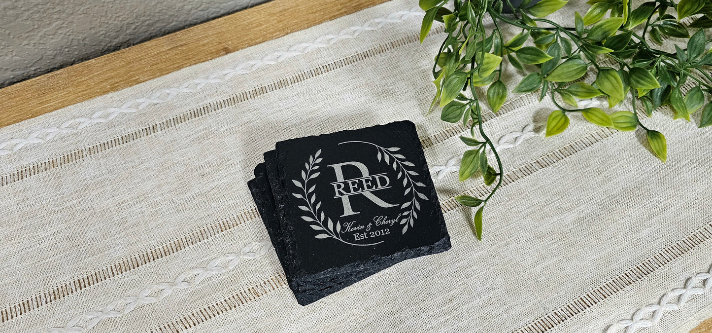 Wreath with Last Name Monogram | Personalized Laser Engraved Slate Coasters | Set of 4 Coasters