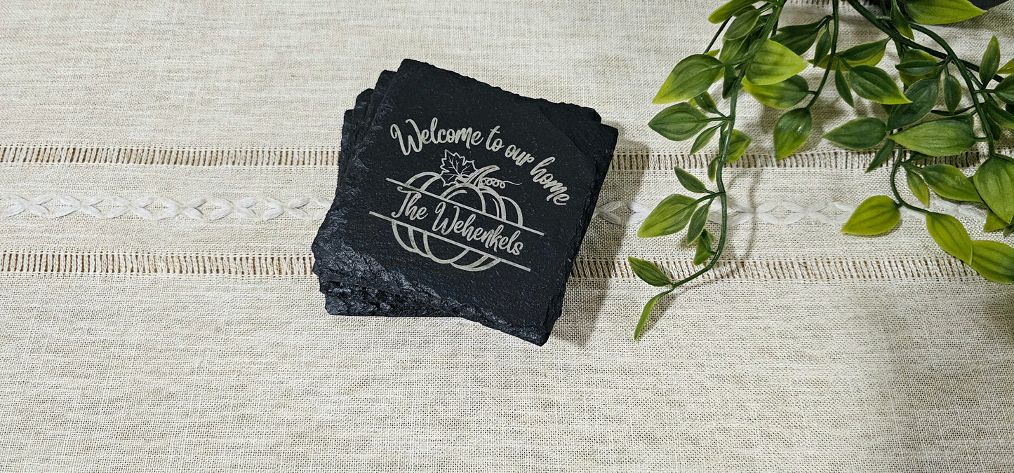 Fall Pumpkin with Last Name | Personalized Laser Engraved Slate Coasters | Set of 4 Coasters