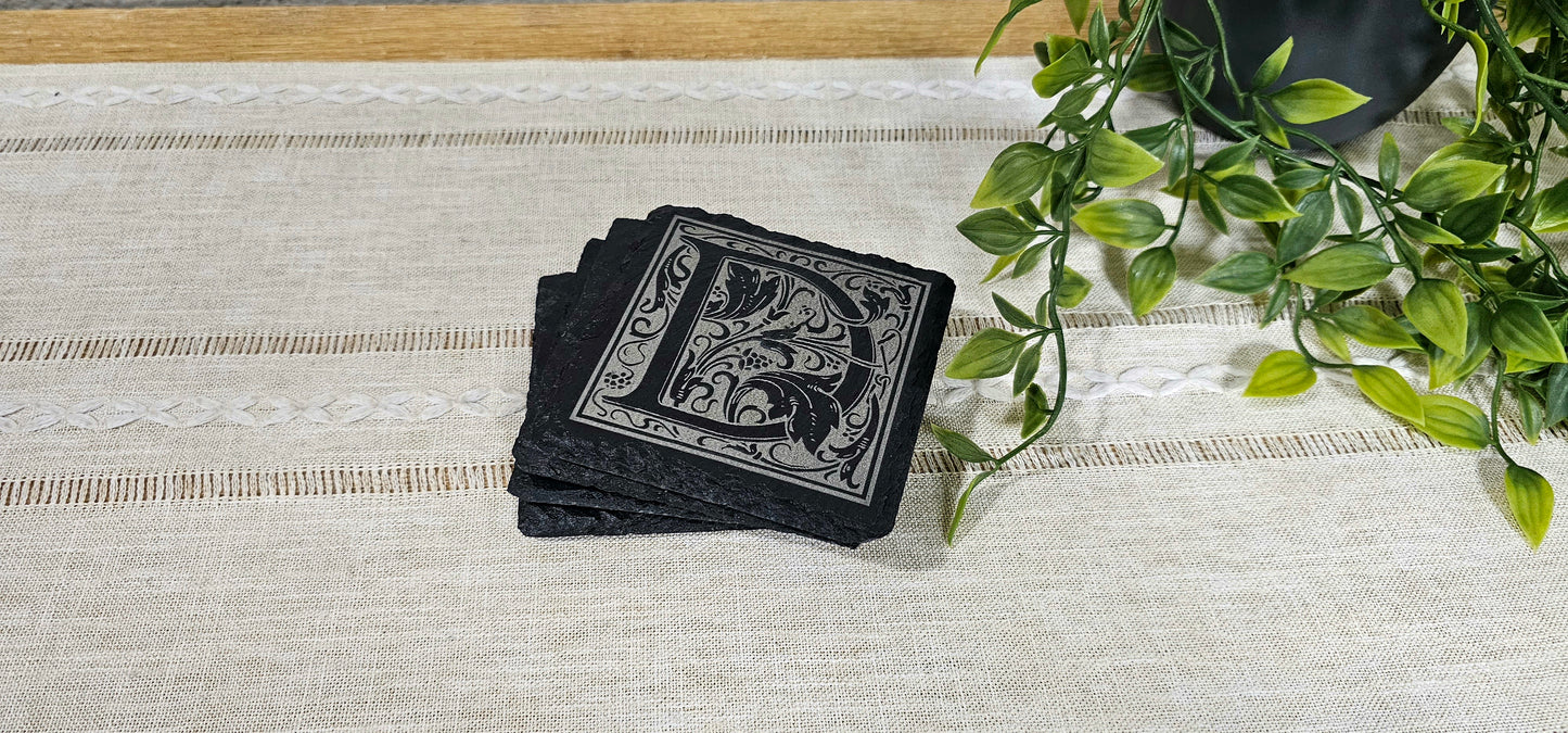 Large Initial with Vines | Personalized Laser Engraved Slate Coasters | Set of 4 Coasters