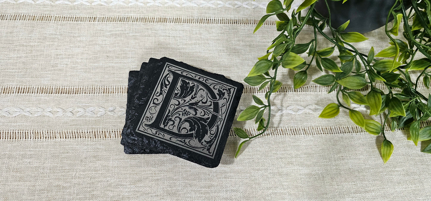 Large Initial with Vines | Personalized Laser Engraved Slate Coasters | Set of 4 Coasters