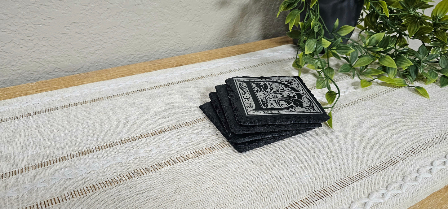 Large Initial with Vines | Personalized Laser Engraved Slate Coasters | Set of 4 Coasters