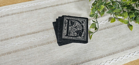 Large Initial with Vines | Personalized Laser Engraved Slate Coasters | Set of 4 Coasters