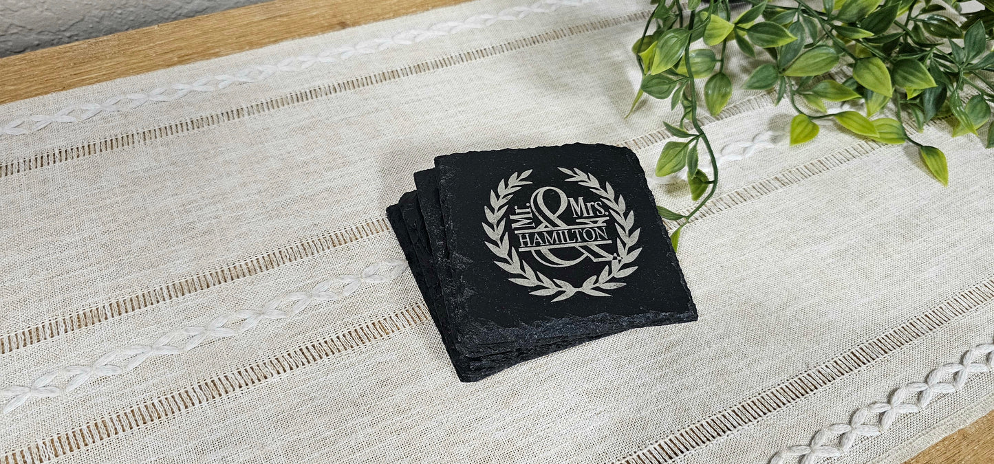 Mr. & Mrs. Last Name & Wreath | Personalized Laser Engraved Slate Coasters | Set of 4 Coasters | Wedding Gift