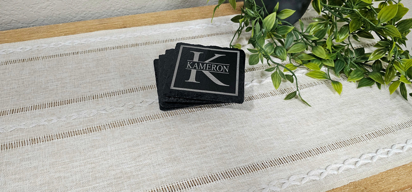 Monogram for Name with Square Framing | Personalized Laser Engraved Slate Coasters | Set of 4 Coasters