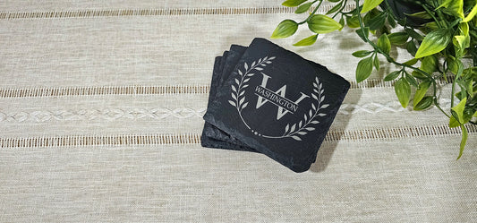 Wreath Monogram | Personalized Laser Engraved Slate Coasters | Set of 4 Coasters