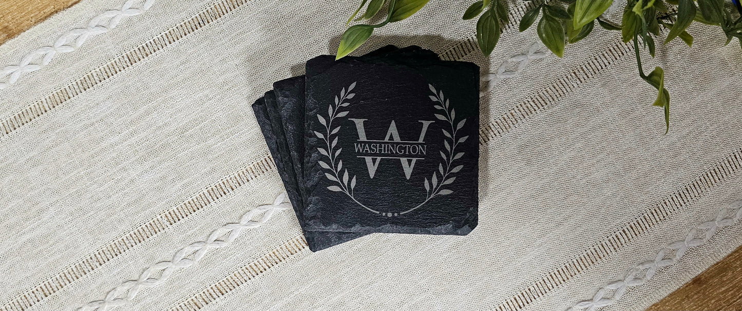 Wreath Monogram | Personalized Laser Engraved Slate Coasters | Set of 4 Coasters