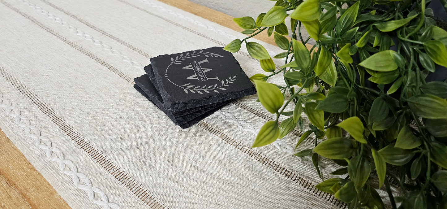 Wreath Monogram | Personalized Laser Engraved Slate Coasters | Set of 4 Coasters