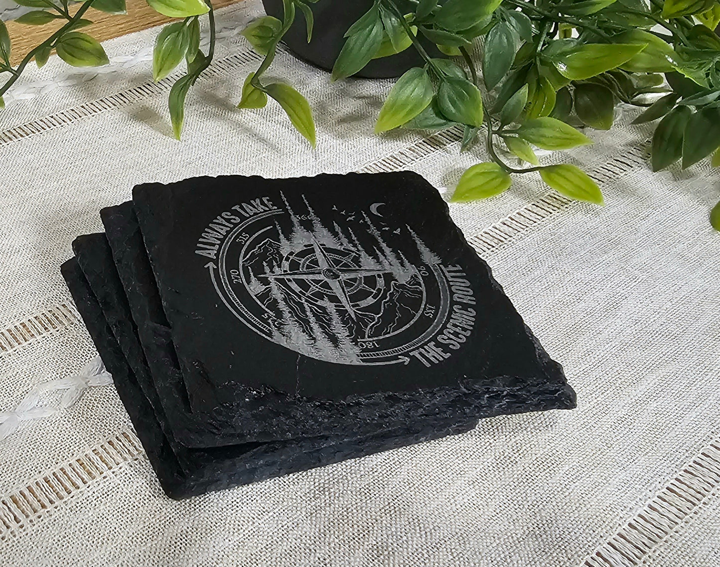 Compass with Mountain & Nature Scenery | Laser Engraved Slate Coasters | Matching Set of 4