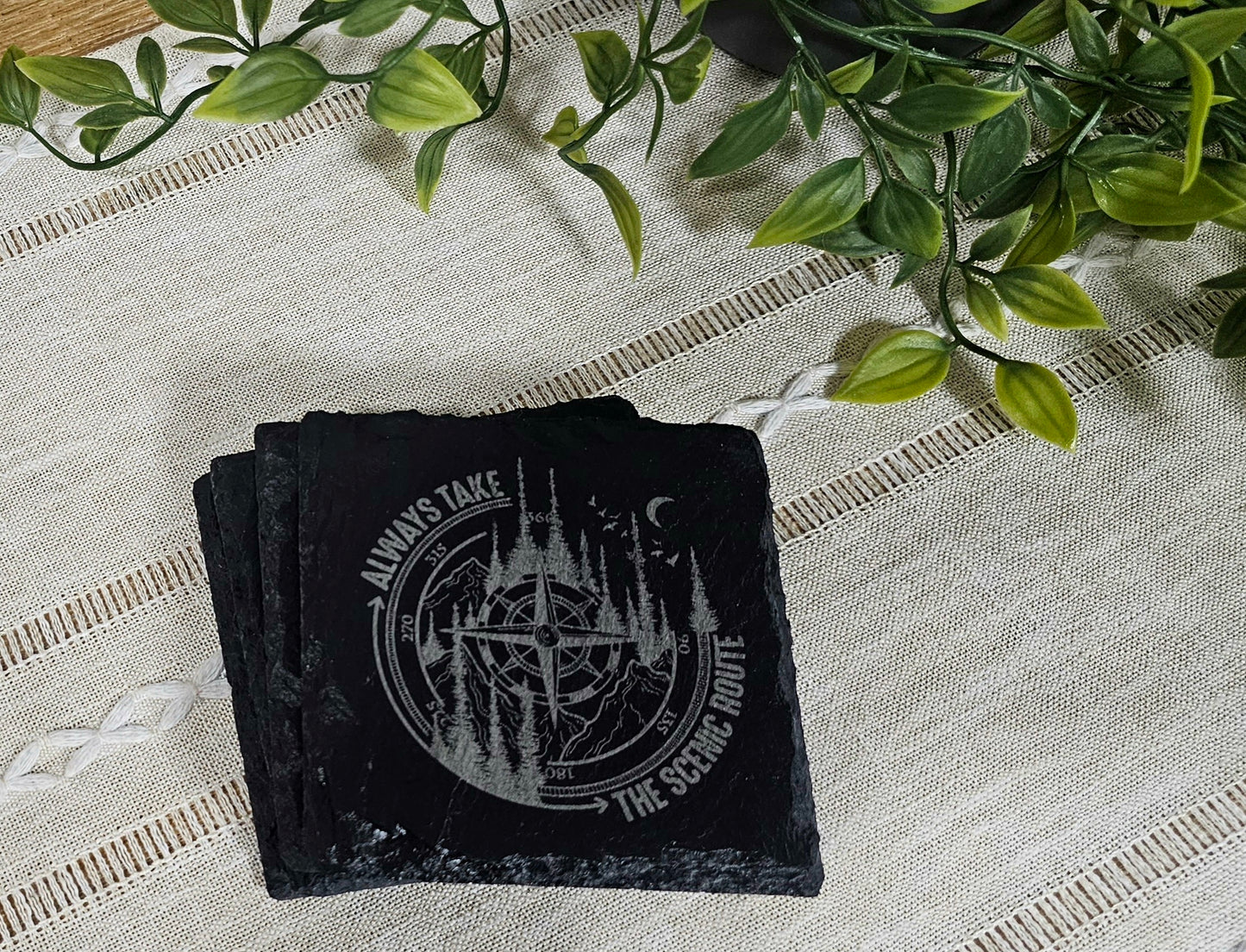 Compass with Mountain & Nature Scenery | Laser Engraved Slate Coasters | Matching Set of 4