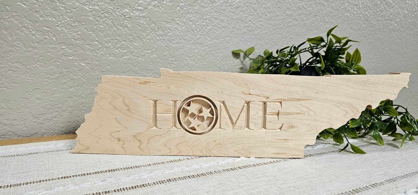 TN State Shape with Home & TN Tri-Star Engraved Sign | Maple, Cherry, or Walnut Wood | 2 Size Options