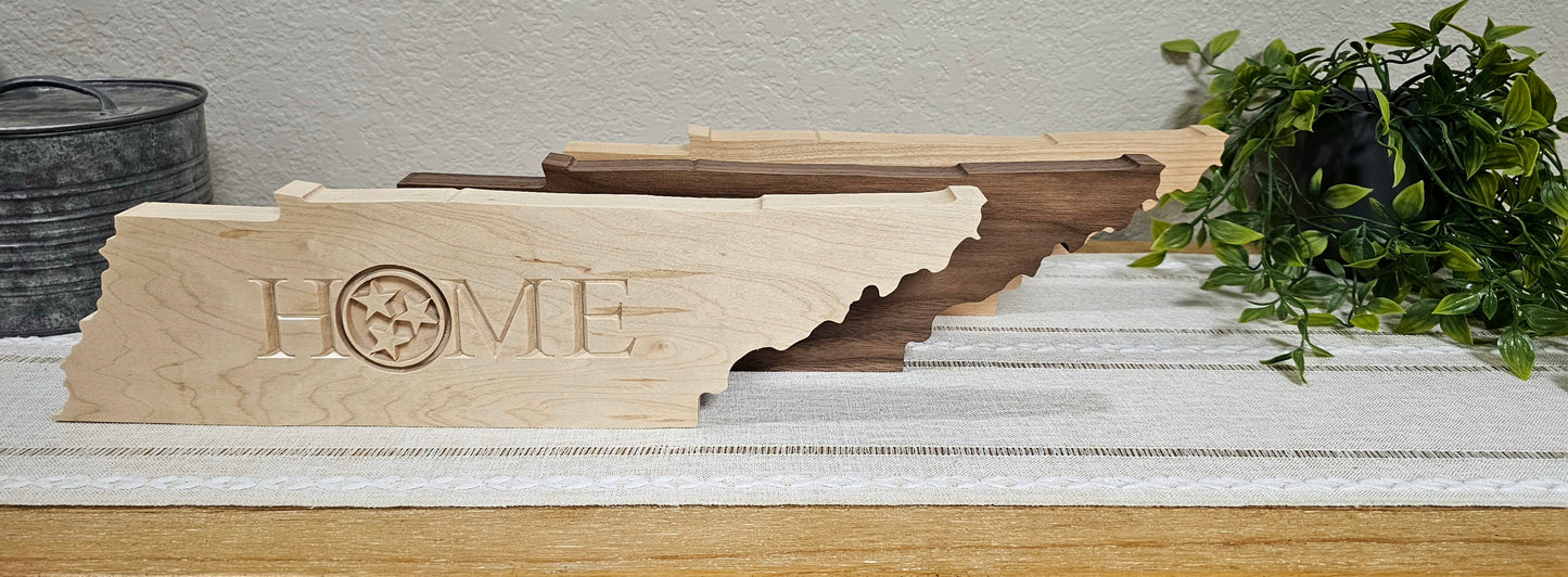 TN State Shape with Home & TN Tri-Star Engraved Sign | Maple, Cherry, or Walnut Wood | 2 Size Options