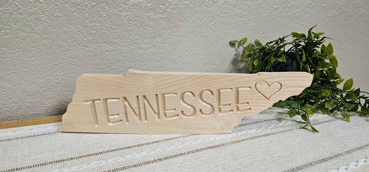 TN State Shape with Tennessee & Heart Engraved Sign| Maple, Cherry, or Walnut Wood | 2 Size Options