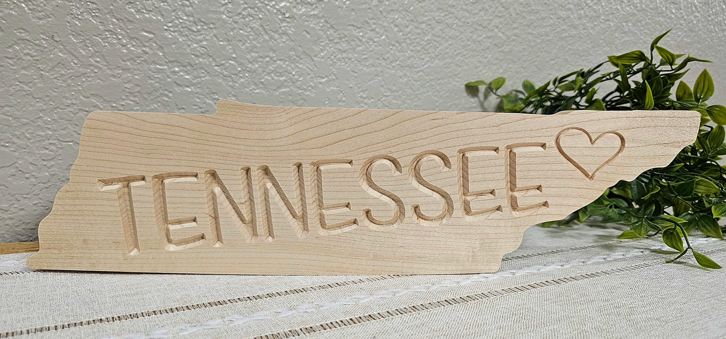 TN State Shape with Tennessee & Heart Engraved Sign| Maple, Cherry, or Walnut Wood | 2 Size Options