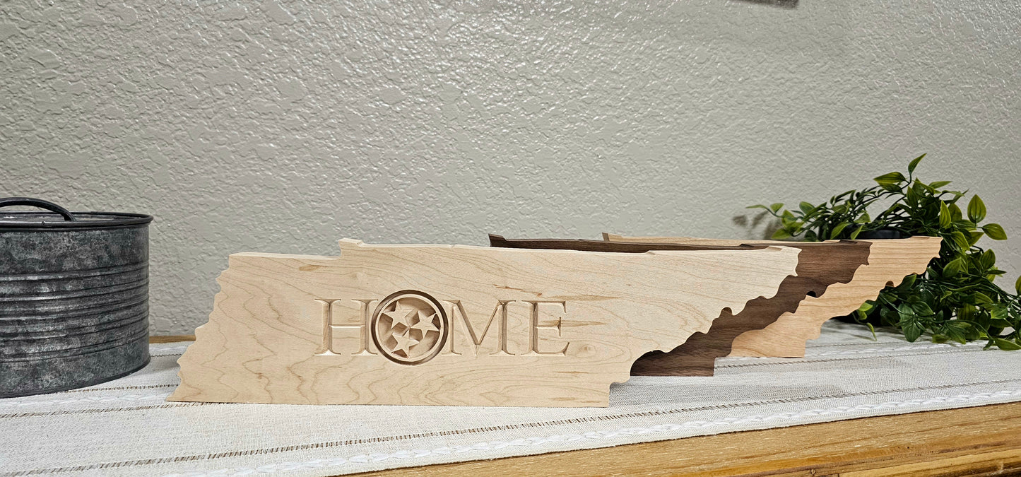 TN State Shape with Home & TN Tri-Star Engraved Sign | Maple, Cherry, or Walnut Wood | 2 Size Options