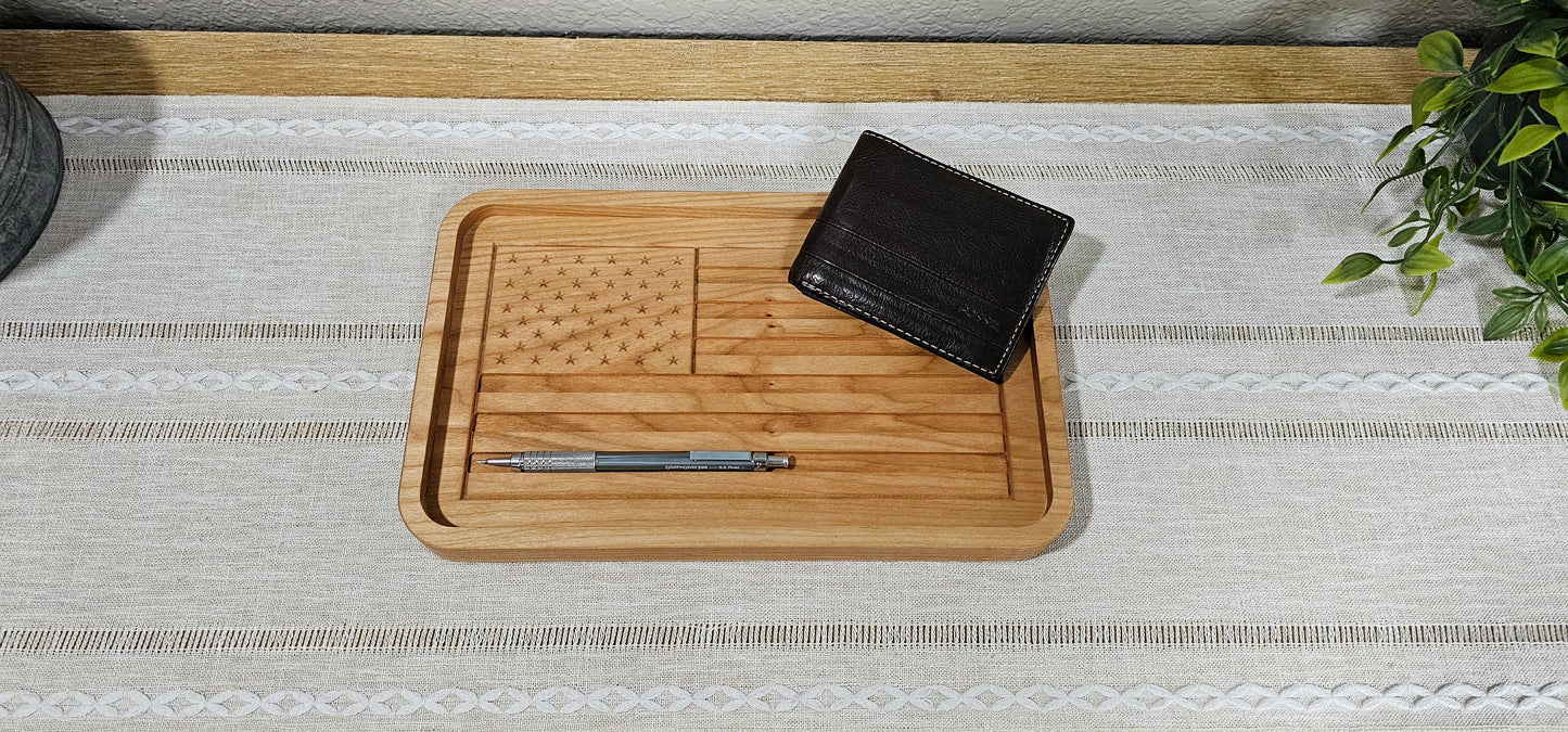 Engraved American Flag made with Cherry Wood Catch All Tray | Desk Organizer