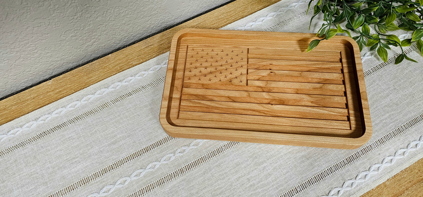 Engraved American Flag made with Cherry Wood Catch All Tray | Desk Organizer