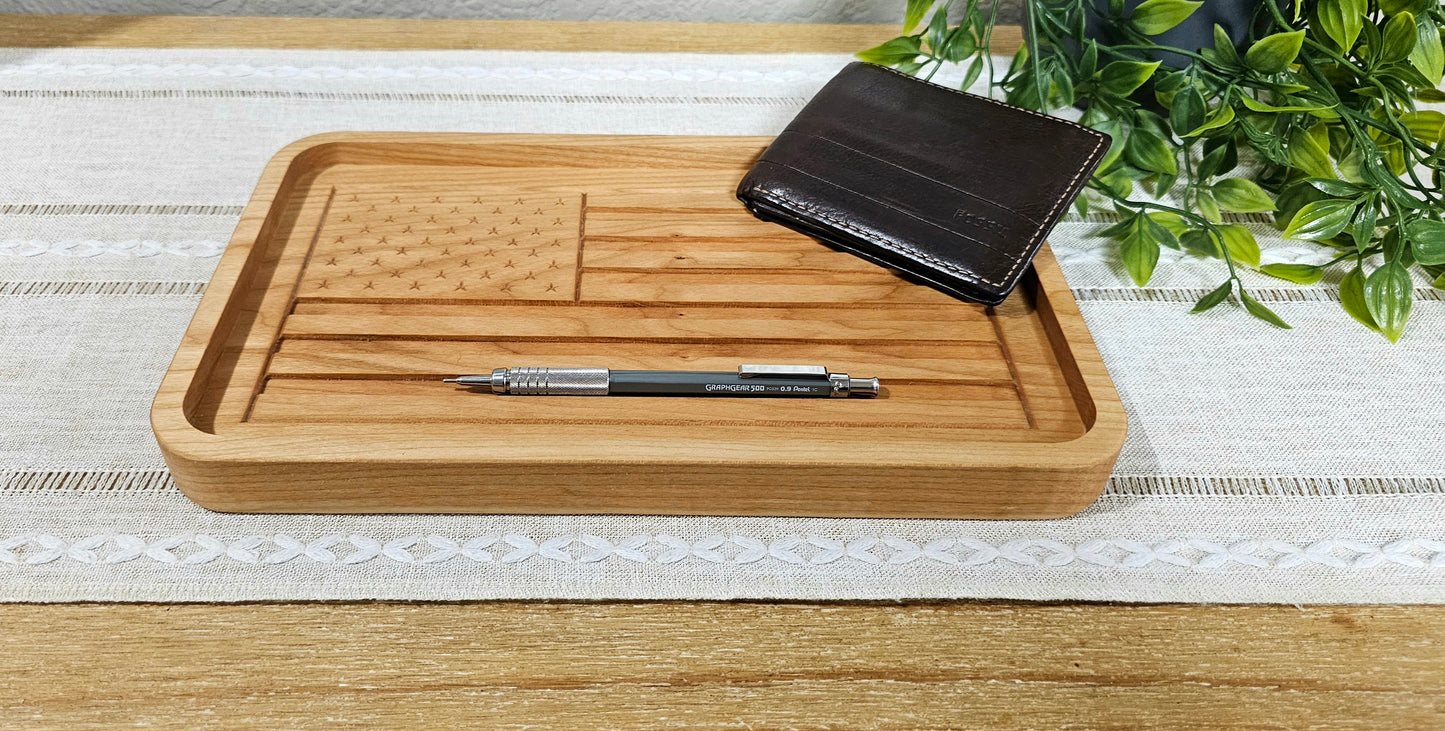 Engraved American Flag made with Cherry Wood Catch All Tray | Desk Organizer