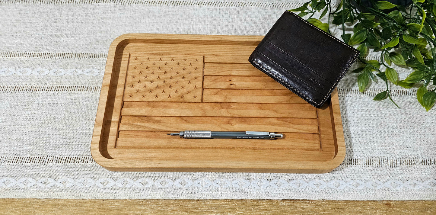 Engraved American Flag made with Cherry Wood Catch All Tray | Desk Organizer