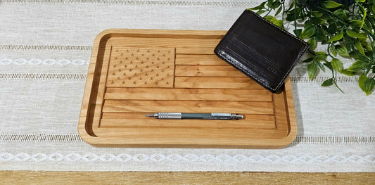 Engraved American Flag made with Cherry Wood Catch All Tray | Desk Organizer