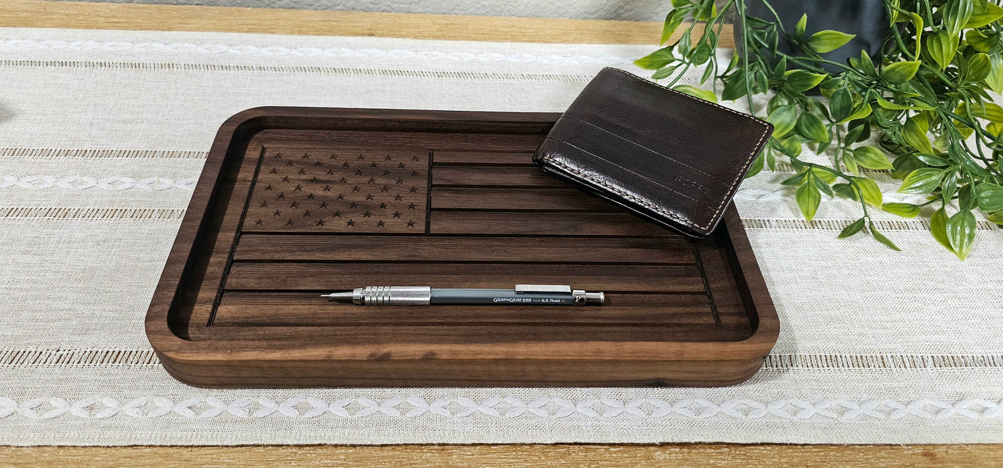 Engraved American Flag made with Walnut Wood Catch All Tray | Desk Organizer