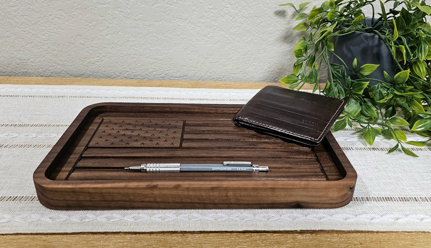 Engraved American Flag made with Walnut Wood Catch All Tray | Desk Organizer