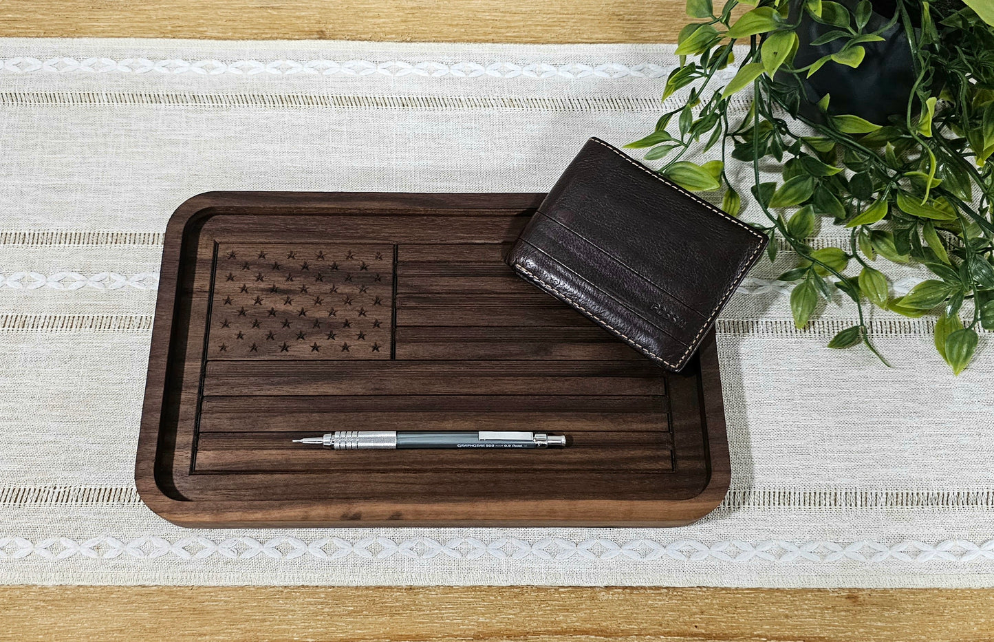 Engraved American Flag made with Walnut Wood Catch All Tray | Desk Organizer