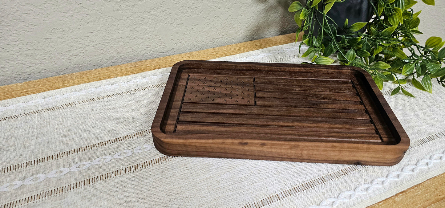 Engraved American Flag made with Walnut Wood Catch All Tray | Desk Organizer